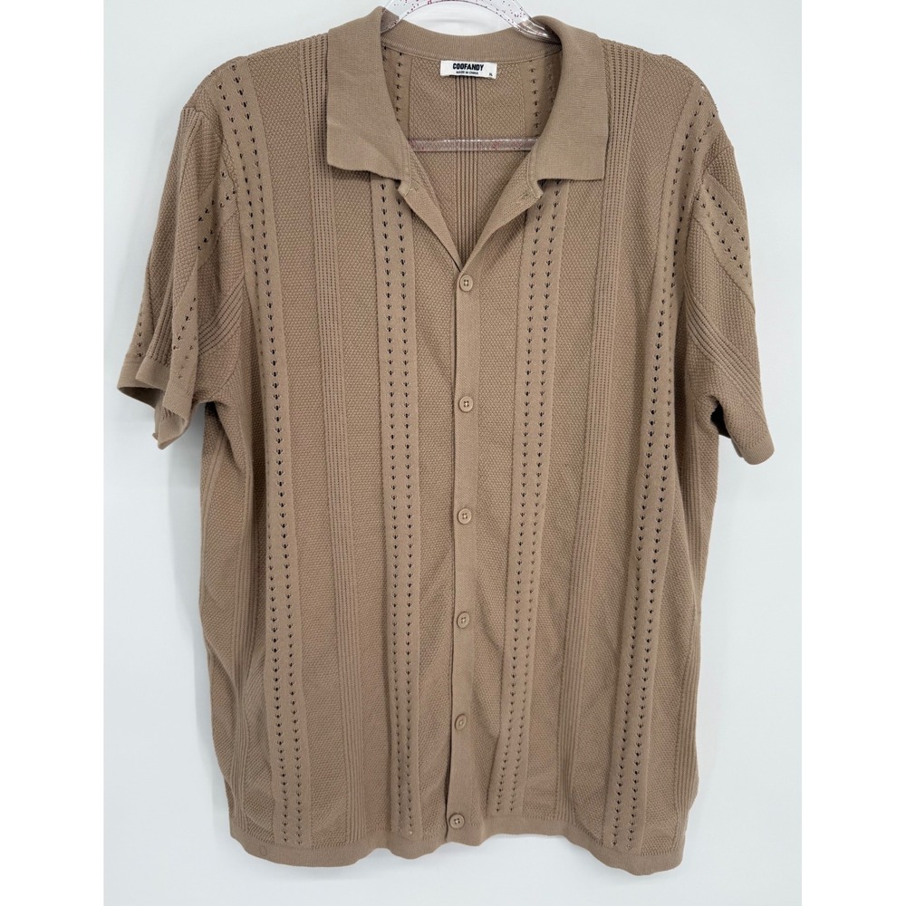 COOFANDY Mens Tan Knit Button Down Shirt Short Sleeve Pointelle Textured Sz XL